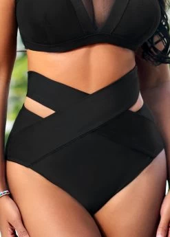 High Waisted Black Cross Strap Bikini Bottom