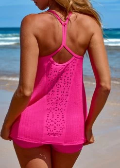 Patchwork Criss Cross Hot Pink Tankini Set