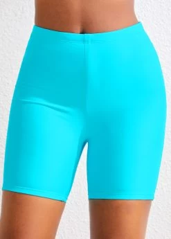 High Waisted Cyan Stretch Swim Shorts