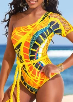 Asymmetry Tribal Print Yellow Belted One Piece Swimwear -Modlily 320016 P 16727957799382