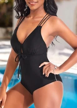 Criss Cross Black Tie Front One Piece Swimwear -Modlily 320272 P 16722762942292
