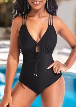 Criss Cross Black Tie Front One Piece Swimwear -Modlily 320272 P 16722762947243