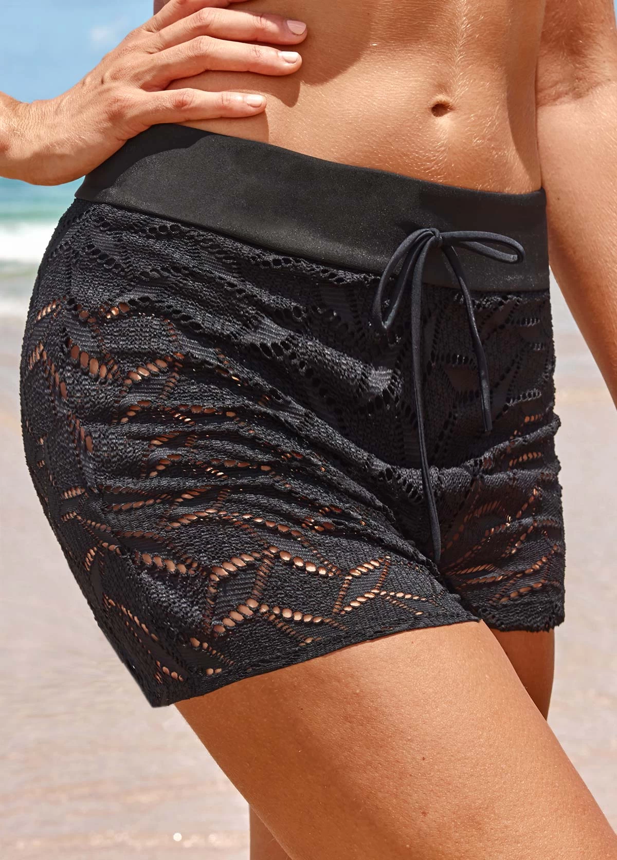 Mid Waisted Black Lace Beach Shorts 3 Mid Waisted Black Lace Beach Shorts - Image 3