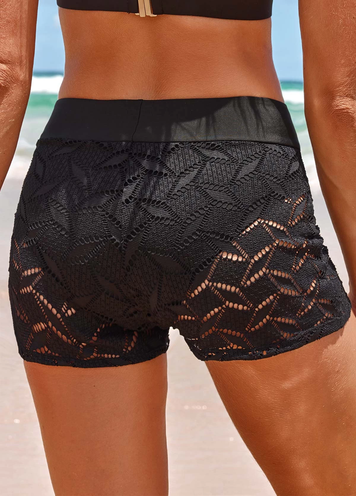 Mid Waisted Black Lace Beach Shorts 2 Mid Waisted Black Lace Beach Shorts - Image 2