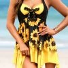 Handkerchief Hem Sunflower Print Yellow Swimdress Set