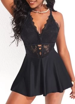 Lace Black Cross Strap Swimdress Set