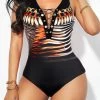 Lace Up Animal Print Black One Piece Swimwear