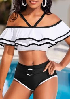 Contrast Binding Mid Waisted White Bikini Set