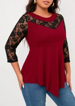 Wine Red Lace Plus Size T Shirt -Modlily 321988 P 16708422435812