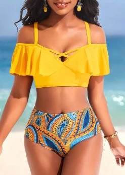 Ruffle Mid Waisted Paisley Print Yellow Bikini Set -Modlily 322434 P 16735758721173
