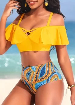 Ruffle Mid Waisted Paisley Print Yellow Bikini Set -Modlily 322434 P 16735758722664