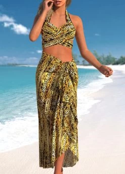 Criss Cross Leopard Gold Bikini Set And Cover Up -Modlily 322459 P 1682242196502