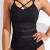 Lace Criss Cross Patchwork Black One Piece Swimwear