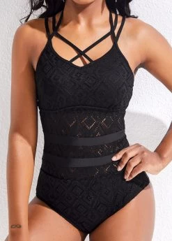 Lace Criss Cross Patchwork Black One Piece Swimwear