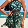Patchwork Tropical Plants Print Blackish Green Swimdress Set