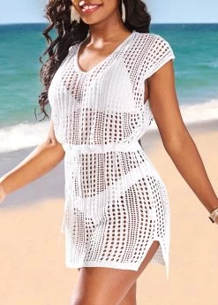 Breathable White V Neck Cover Up -Modlily 323652 P 16768904061952