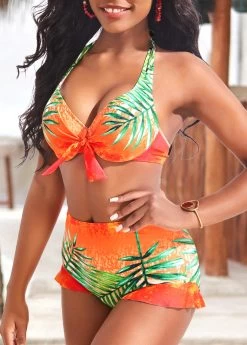 Bowknot Mid Waisted Leaf Print Orange Bikini Set -Modlily 323663 P 16741238290032