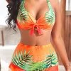 Bowknot Mid Waisted Leaf Print Orange Bikini Set