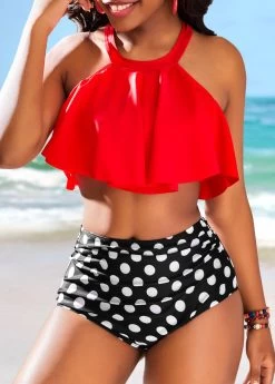 Ruffle High Waisted Polka Dot Red Bikini Set -Modlily 323958 P 16775610754113