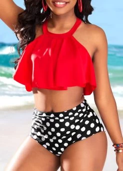 Ruffle High Waisted Polka Dot Red Bikini Set -Modlily 323958 P 16775610756052