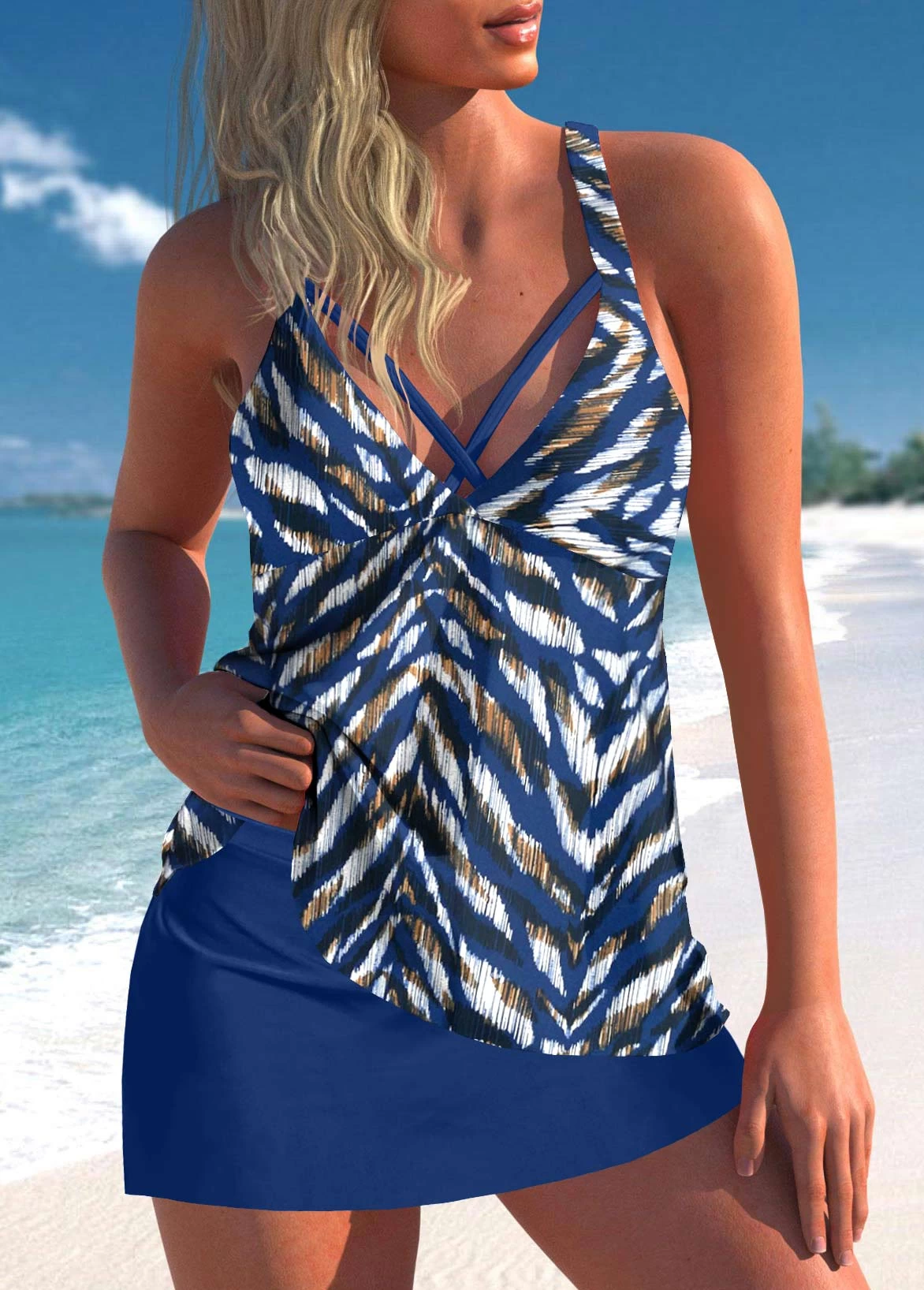Criss Cross Animal Print Blue Tankini Set 1 Criss Cross Animal Print Blue Tankini Set