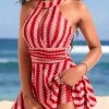 Criss Cross Geometric Print Red One Piece Swimwear
