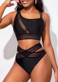 Asymmetry Black Mesh Stitching Bikini Set -Modlily 324183 P 16734262331022
