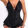 Ruffle Black Tie Back One Piece Swimwear