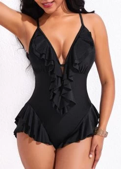 Ruffle Black Tie Back One Piece Swimwear