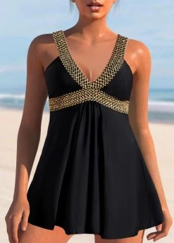 Patchwork Black Wide Strap Swimdress Set