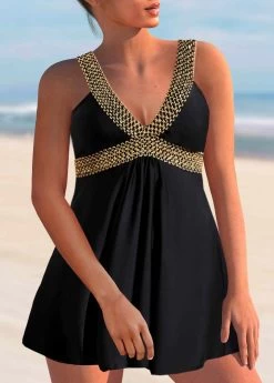 Patchwork Black Wide Strap Swimdress Set -Modlily 324816 P 1674030613973