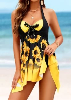 Plus Size Handkerchief Hem Yellow Swimdress Set -Modlily 324939 P 1675041426338