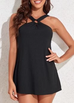 Circular Ring Mid Waisted Black Swimdress Set -Modlily 325162 P 16794712884037