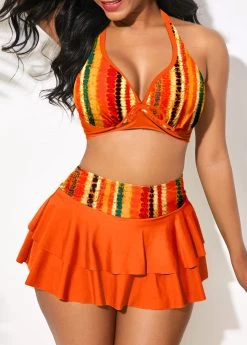 Layered High Waisted Multi Stripe Print Orange Bikini Set