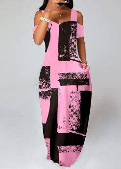 Plus Size Pink Pocket Graffiti Print Maxi Dress