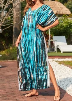 Tie Dye Print Cyan Side Slit Cover Up Dress -Modlily 325541 P 16780904703072