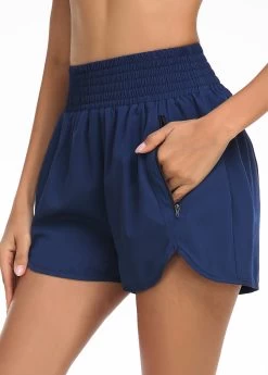 Smocked High Waisted Blue Beach Shorts -Modlily 325546 P 16771415208043