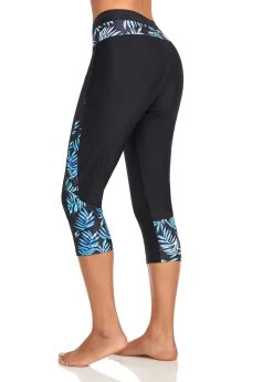 High Waisted Leaf Print Black Swim Capris