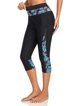 High Waisted Leaf Print Black Swim Capris -Modlily 325572 P 16777410576800
