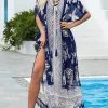 Tassel Tie Cold Shoulder Tribal Print Cover Up