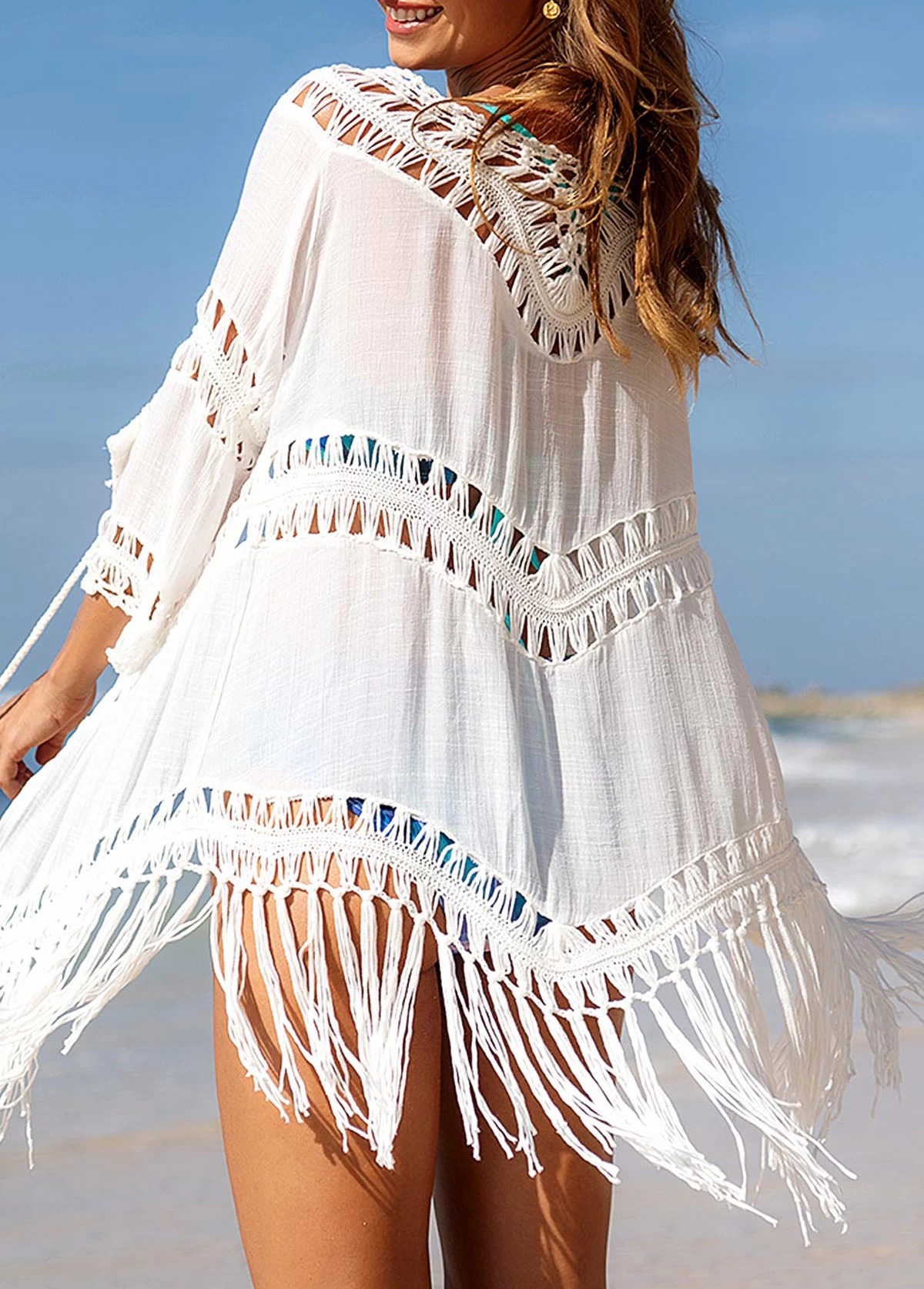 Tassel Hem White 3/4 Sleeve Cover Up 1 Tassel Hem White 3/4 Sleeve Cover Up
