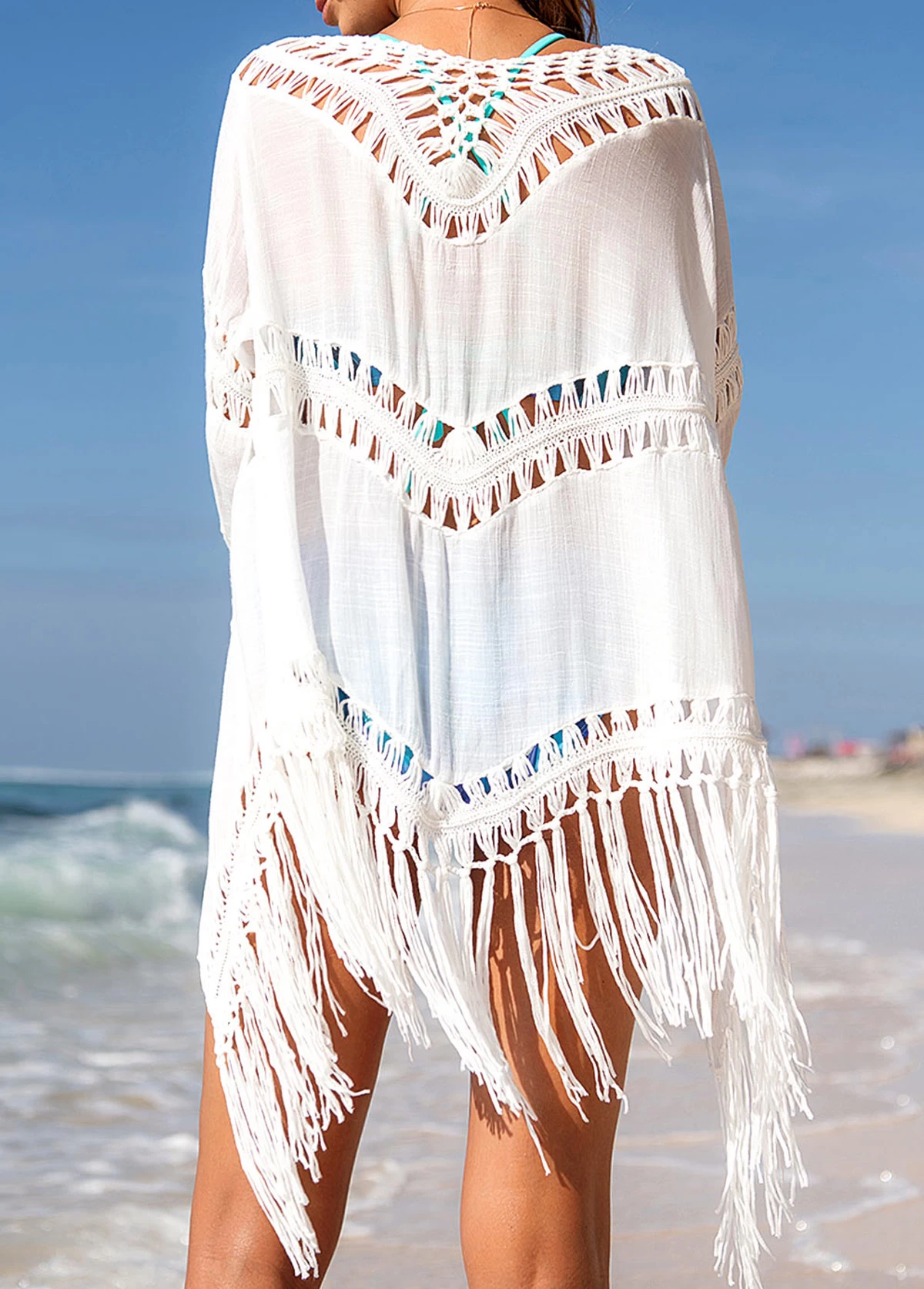 Tassel Hem White 3/4 Sleeve Cover Up 2 Tassel Hem White 3/4 Sleeve Cover Up - Image 2
