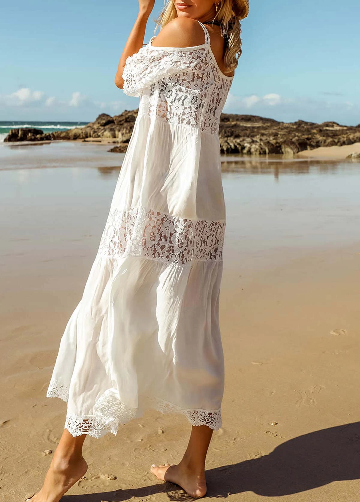 Lace Stitching White Round Neck Cover Up 2 Lace Stitching White Round Neck Cover Up - Image 2