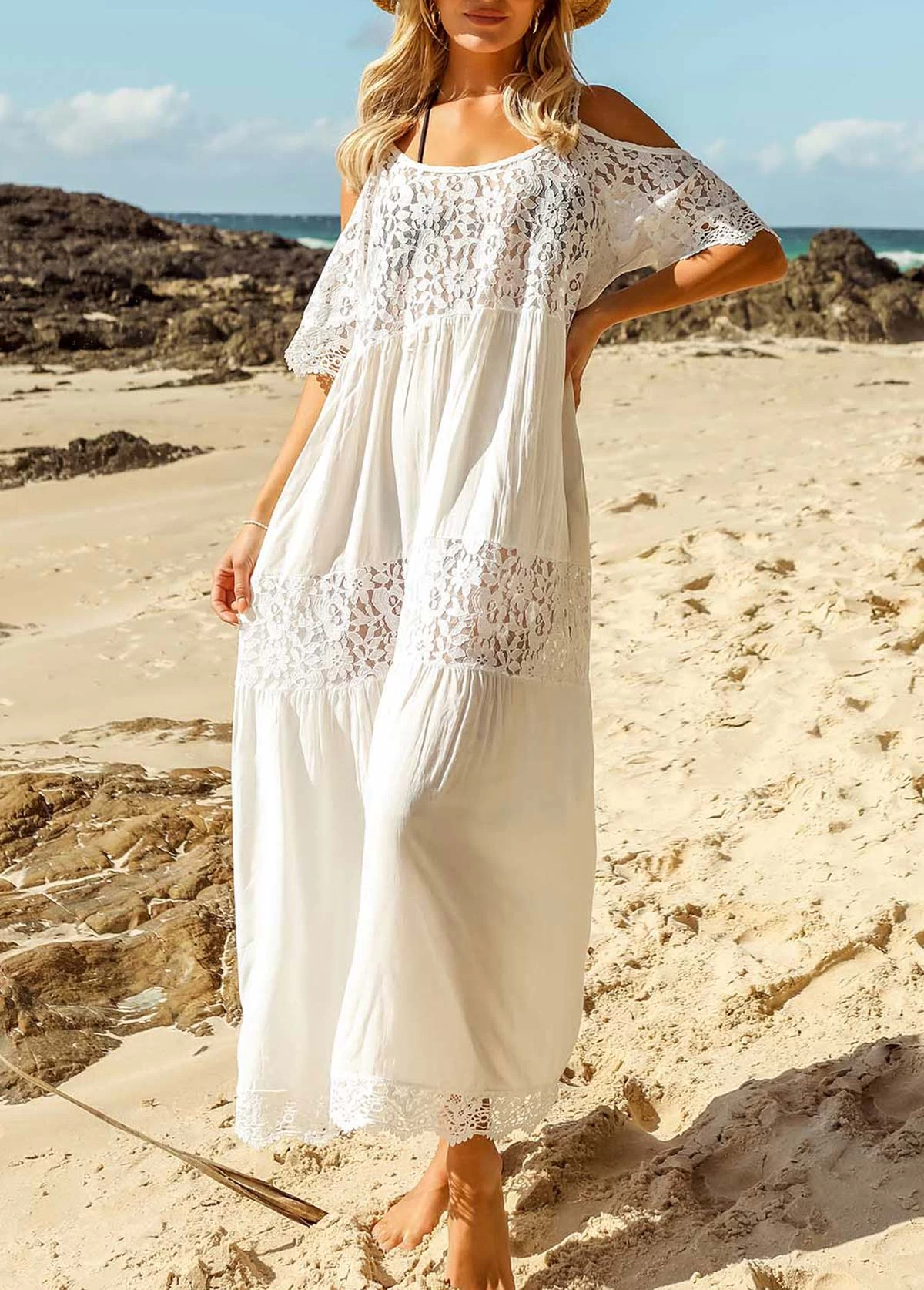 Lace Stitching White Round Neck Cover Up 5 Lace Stitching White Round Neck Cover Up - Image 5