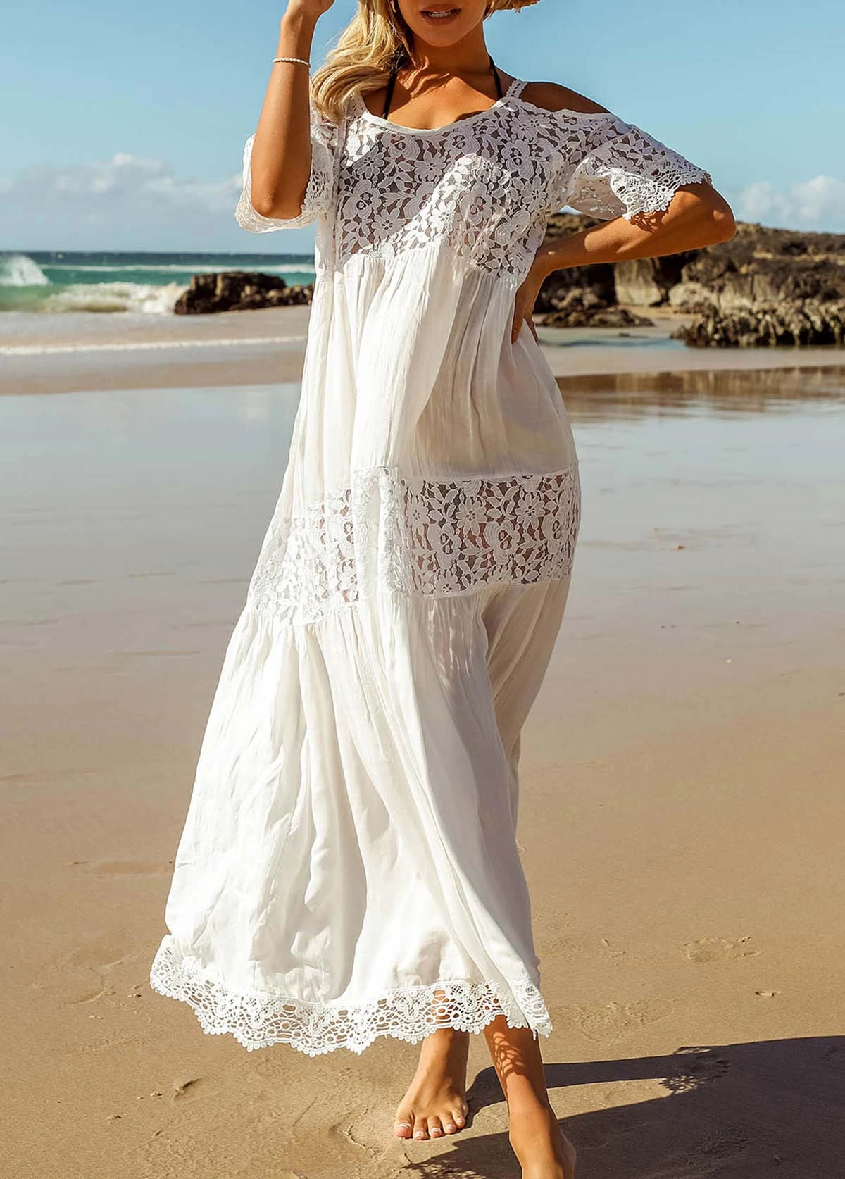 Lace Stitching White Round Neck Cover Up 1 Lace Stitching White Round Neck Cover Up