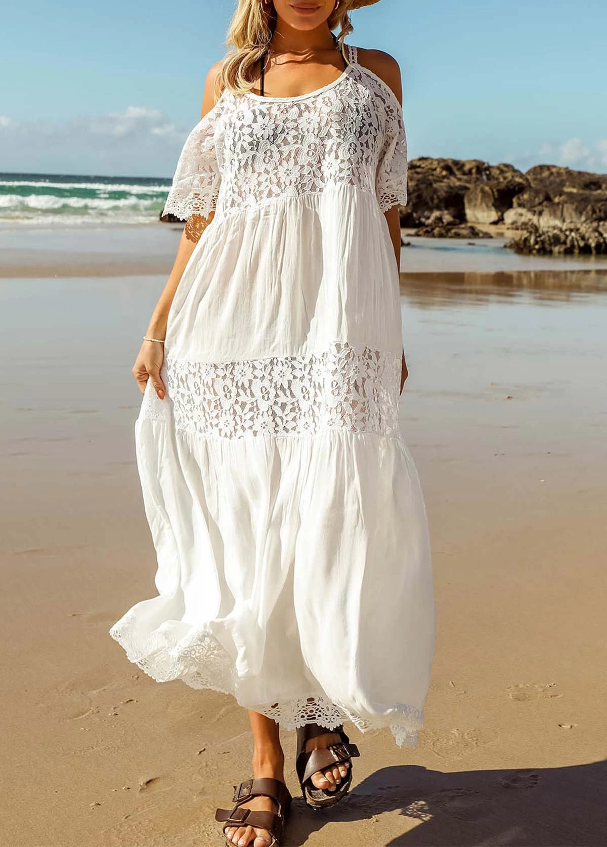 Lace Stitching White Round Neck Cover Up 3 Lace Stitching White Round Neck Cover Up - Image 3