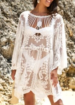 Embroidered White Cage Neck Sheer Cover Up 10 Embroidered White Cage Neck Sheer Cover Up -Modlily 325670 P 16757669002514