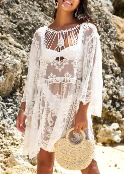 Embroidered White Cage Neck Sheer Cover Up 8 Embroidered White Cage Neck Sheer Cover Up -Modlily 325670 P 16757669002662