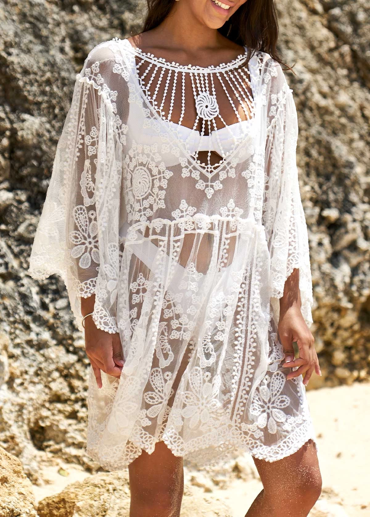 Embroidered White Cage Neck Sheer Cover Up 4 Embroidered White Cage Neck Sheer Cover Up - Image 4