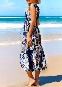 V Neck Leaf Print Blue Cover Up -Modlily 325671 P 16757668535493